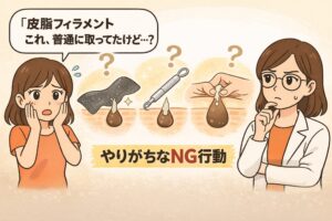 皮脂フィラメントを無理に取るNG行動を解説したイラスト。毛穴パック、器具での押し出し、指での押し出しなどの方法が中央に描かれ、疑問を持つ女性と考え込む白衣の女性キャラクターが左右に配置されている。中央には「やりがちなNG行動」と表示されている。