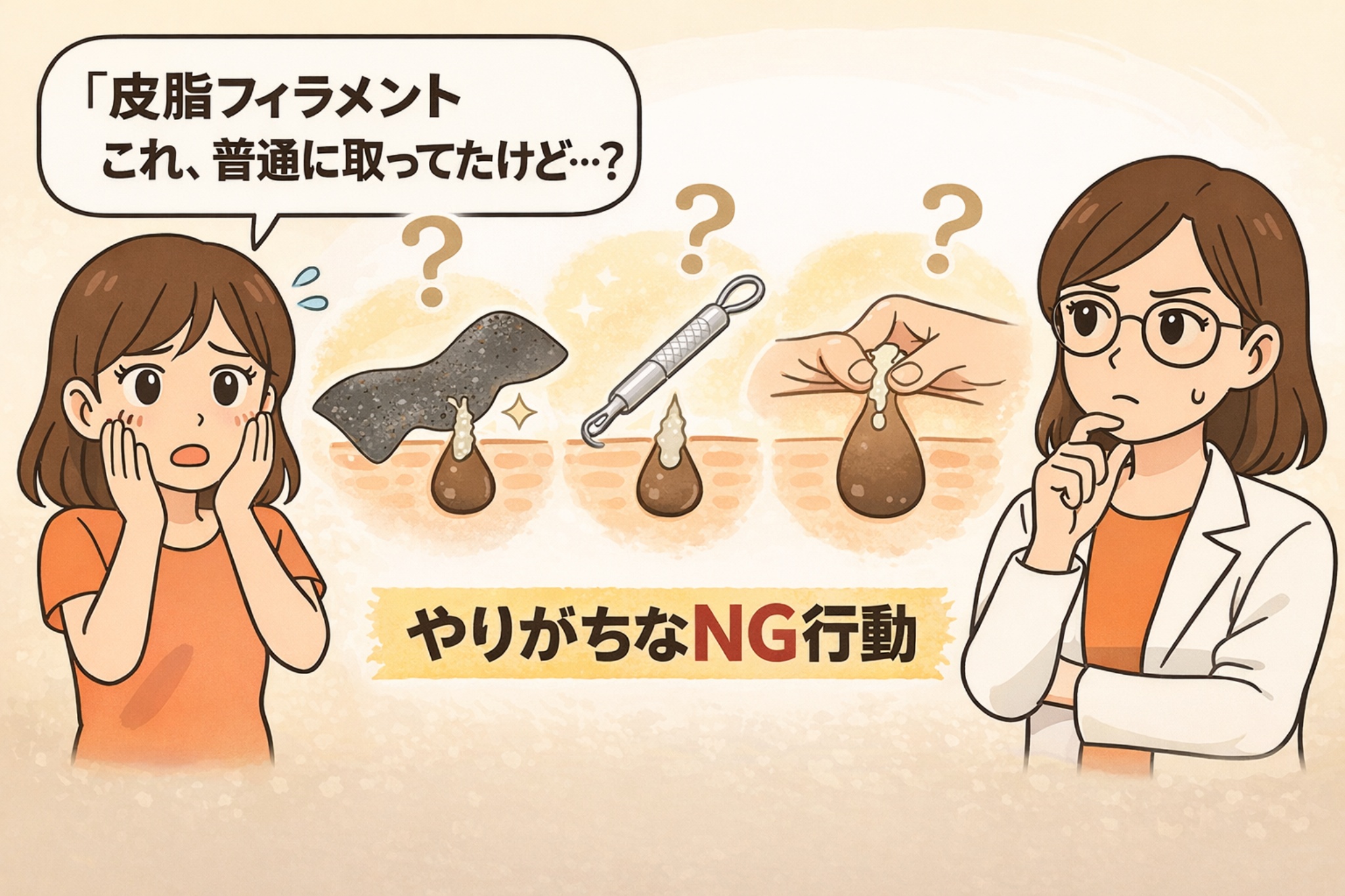 皮脂フィラメントを無理に取るNG行動を解説したイラスト。毛穴パック、器具での押し出し、指での押し出しなどの方法が中央に描かれ、疑問を持つ女性と考え込む白衣の女性キャラクターが左右に配置されている。中央には「やりがちなNG行動」と表示されている。