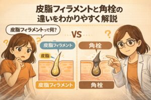 皮脂フィラメントと角栓の違いを比較した図解イラスト。左に黄色い皮脂フィラメント（皮脂主体でやわらかい構造）、右に黒く酸化した角栓（角質と皮脂が固まった構造）を示し、女性キャラクターが疑問と解説の対比で説明している。