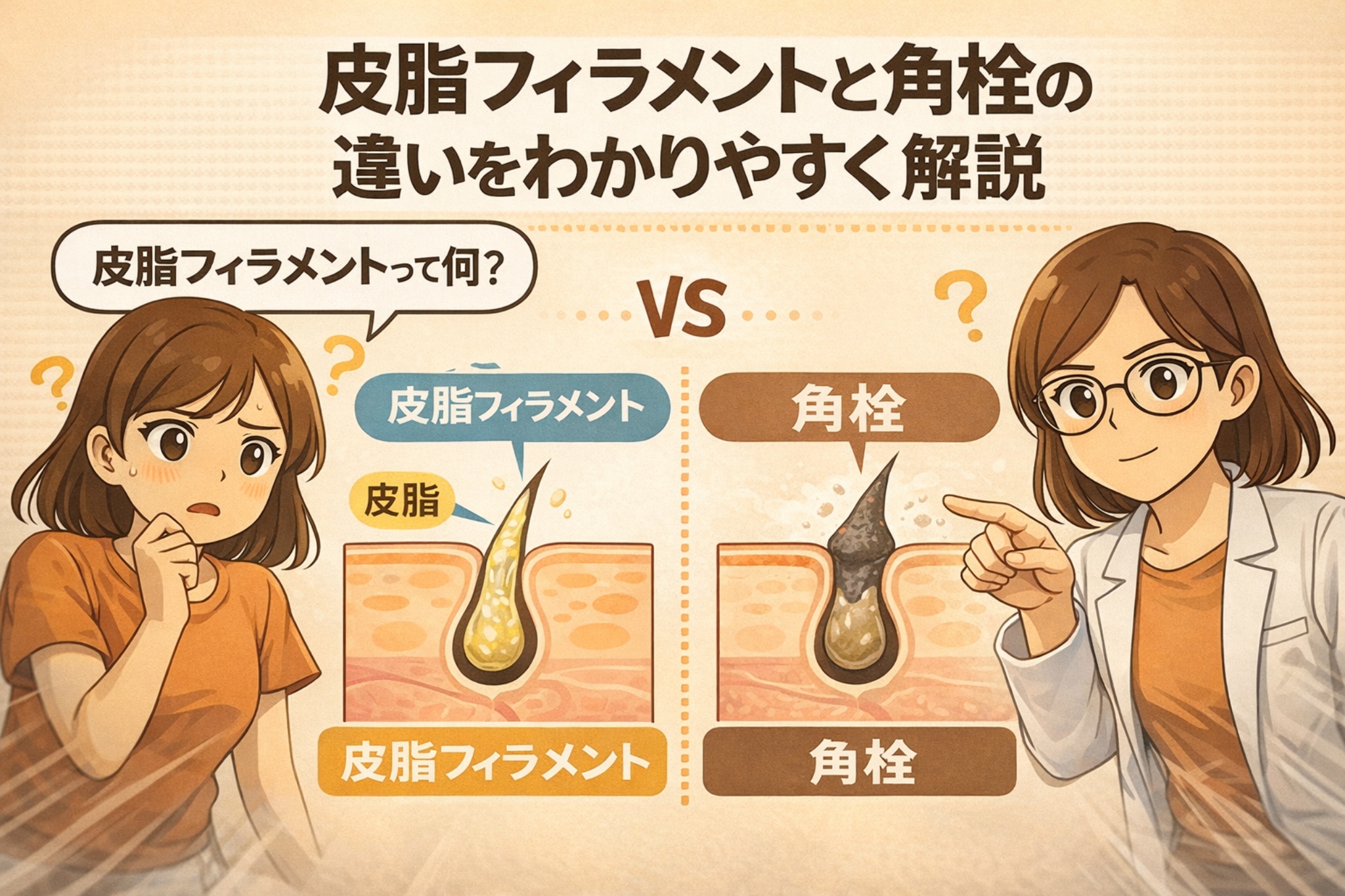 皮脂フィラメントと角栓の違いを比較した図解イラスト。左に黄色い皮脂フィラメント（皮脂主体でやわらかい構造）、右に黒く酸化した角栓（角質と皮脂が固まった構造）を示し、女性キャラクターが疑問と解説の対比で説明している。