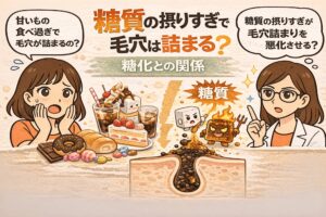 糖質の摂りすぎと毛穴詰まりの関係を解説した図解イラスト。ケーキやドリンクなど糖質の多い食品と、糖化によって毛穴に角栓が詰まる様子が描かれ、糖質が毛穴に与える影響について疑問と解説が示されている。