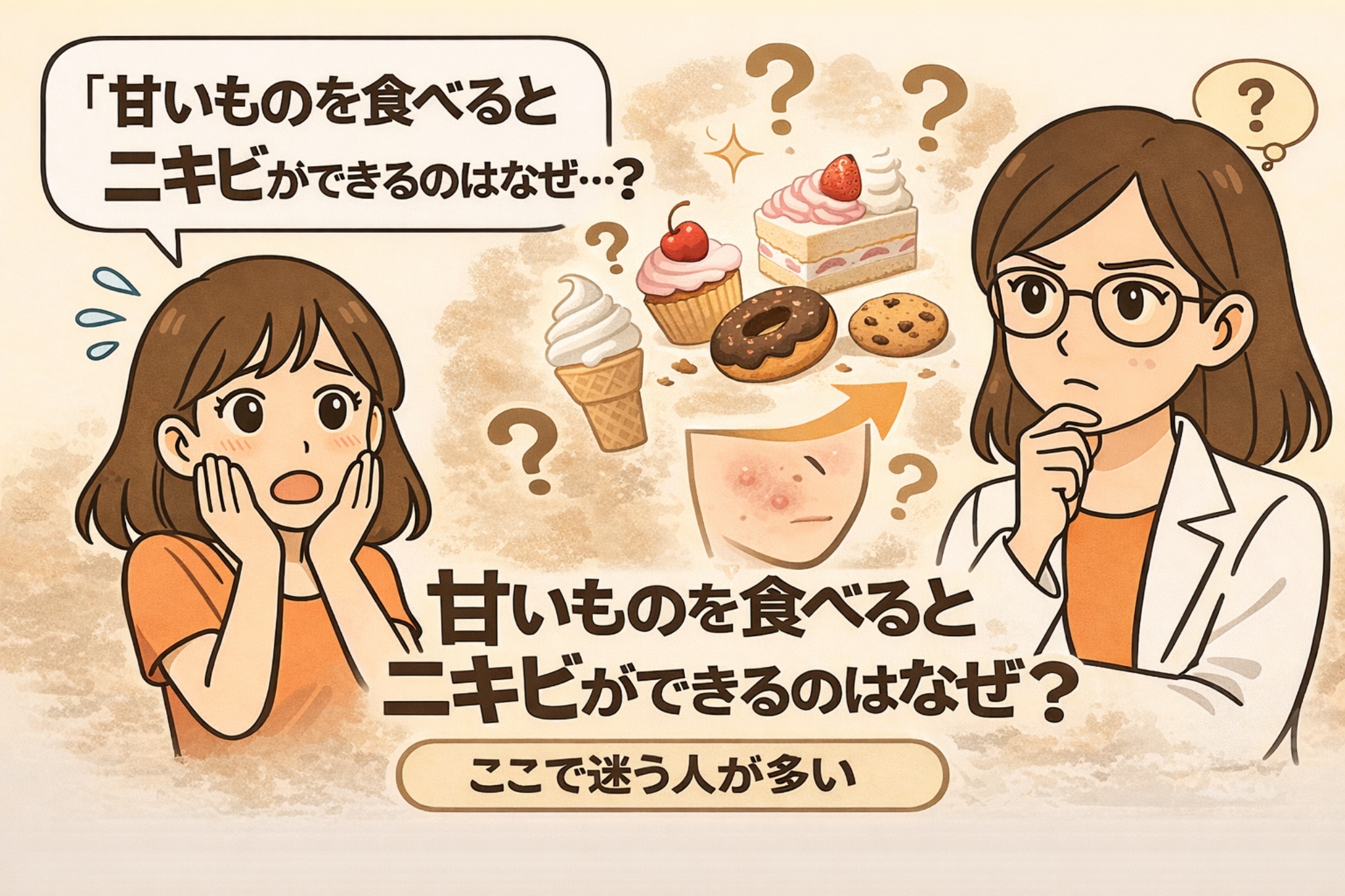 甘いものを食べるとニキビができる理由を解説した図解イラスト。アイスやケーキ、ドーナツなどのスイーツとニキビ肌のイラストが矢印でつながれ、原因について疑問を持つ女性と考える白衣の女性キャラクターが描かれている。「なぜニキビができるのか」というテーマが強調されている。