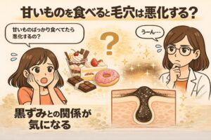 甘いものと毛穴悪化の関係を解説した図解イラスト。ケーキやドーナツ、チョコレートなどのスイーツと、黒ずみ角栓が詰まった毛穴の断面図が描かれ、甘いものが毛穴に影響するのか疑問を持つ女性と考える白衣の女性キャラクターが配置されている。