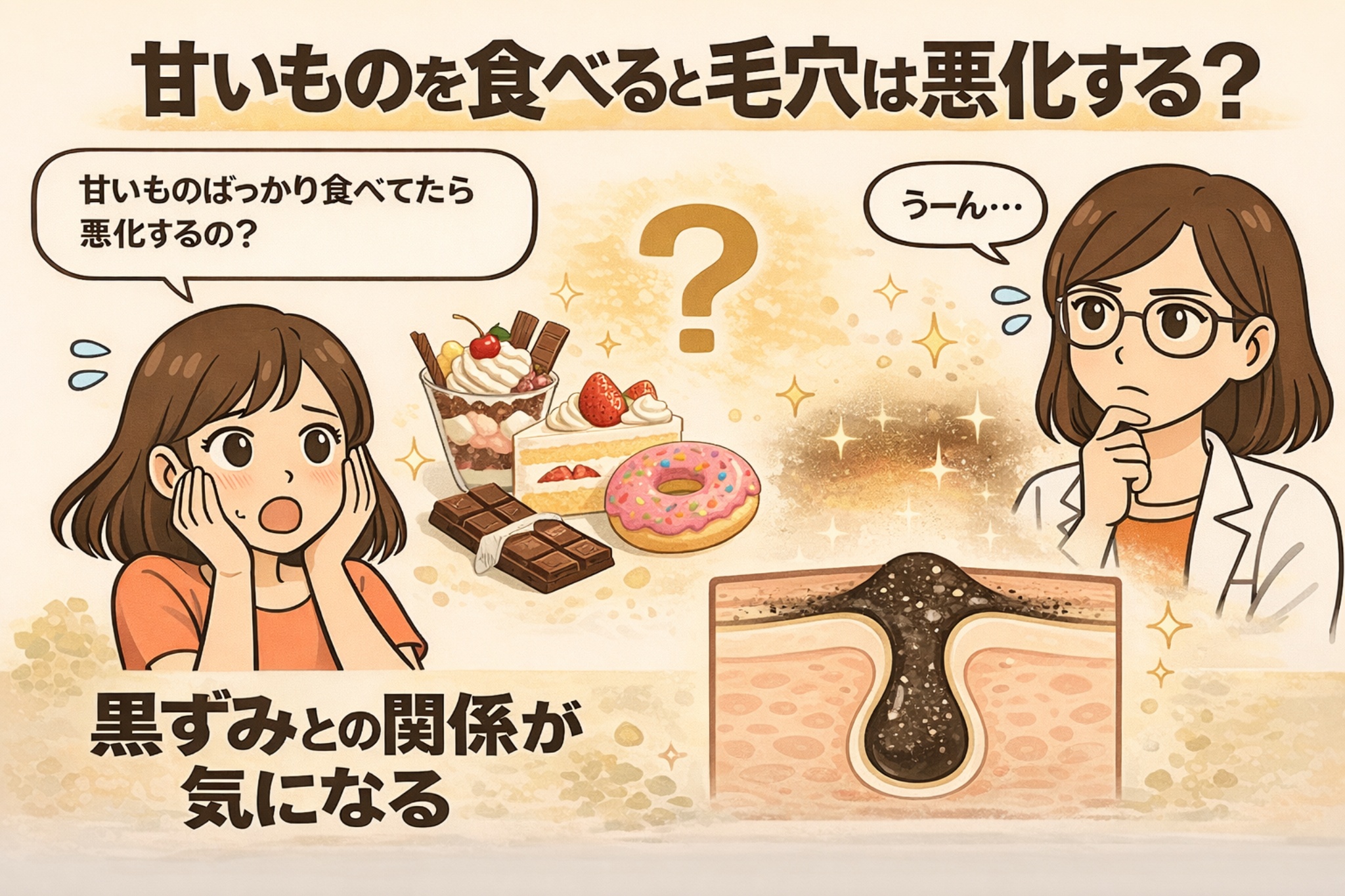 甘いものと毛穴悪化の関係を解説した図解イラスト。ケーキやドーナツ、チョコレートなどのスイーツと、黒ずみ角栓が詰まった毛穴の断面図が描かれ、甘いものが毛穴に影響するのか疑問を持つ女性と考える白衣の女性キャラクターが配置されている。