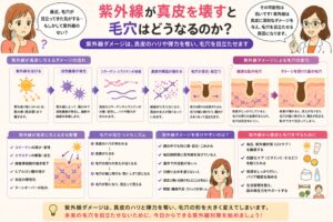 「紫外線が真皮を壊すと毛穴はどうなるのか？」というタイトルの日本語インフォグラフィック。左に悩む女性、右に白衣の女性が配置され、中央には紫外線によるダメージの流れ（活性酸素発生→コラーゲン・エラスチン破壊→真皮構造の崩れ→毛穴の変化）が段階的に図解されている。下部には紫外線が真皮に与える影響や毛穴が目立つメカニズム、対策（UVケア・抗酸化・保湿など）がまとめられている。