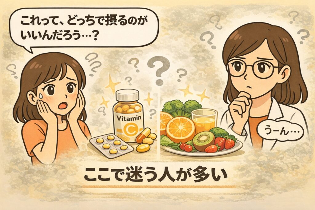 ビタミンCをサプリで摂るか食品から摂るかを比較した図解イラスト。錠剤やカプセルのサプリメントと、オレンジやブロッコリーなどの食品が並び、どちらが良いか迷う女性と考える白衣の女性キャラクターが描かれている。「ここで迷う人が多い」というメッセージが強調されている。