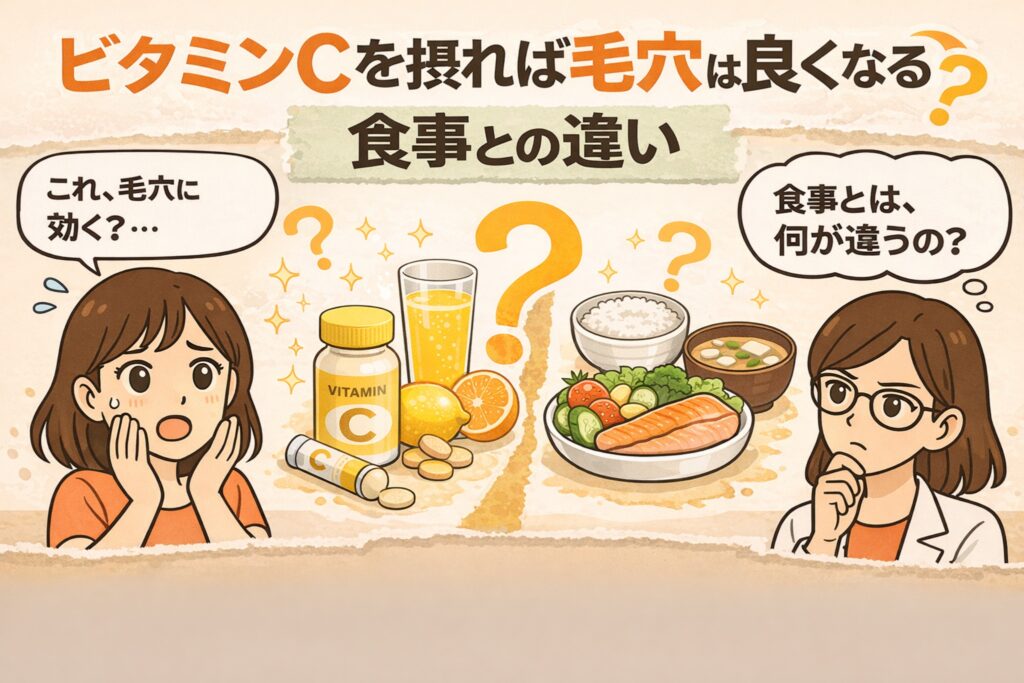 ビタミンC摂取と食事の違いによる毛穴への影響を比較した図解イラスト。サプリやドリンクのビタミンCとバランスの良い食事が左右に配置され、毛穴への効果の違いについて疑問を持つ女性と考える白衣の女性キャラクターが描かれている。