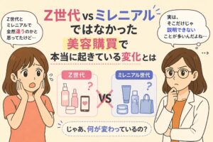 Z世代とミレニアル世代の美容購買行動の違いをテーマにした日本語インフォグラフィック。中央に「Z世代 vs ミレニアルではなかった」という見出しと「美容購買で本当に起きている変化とは」というサブコピー。左に驚く女性（Z世代イメージ）、右に考える女性（ミレニアル世代イメージ）。それぞれの下にコスメやスマホ、スキンケア商品などのアイコンが配置され、「じゃあ何が変わっているの？」という問いで締められている。
