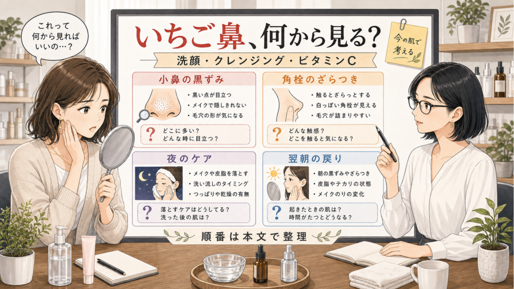 いちご鼻に洗顔・クレンジング・ビタミンCをどう使うかを整理する美容相談ボード
