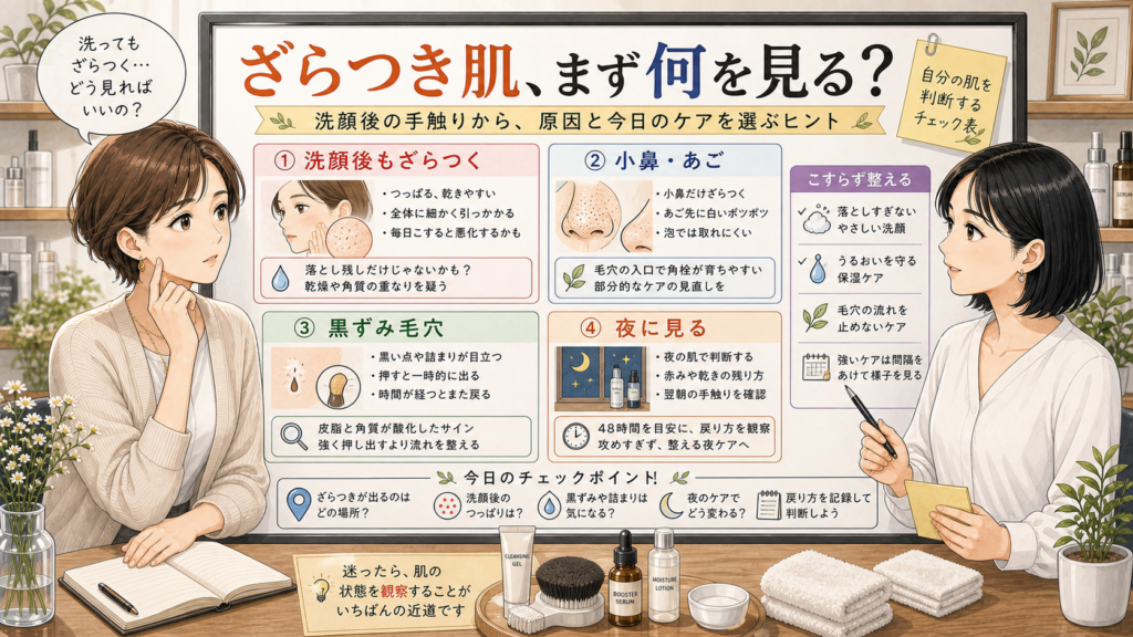 洗顔後も残るざらつき肌を、毛穴と黒ずみの関係から整理する美容相談イラスト