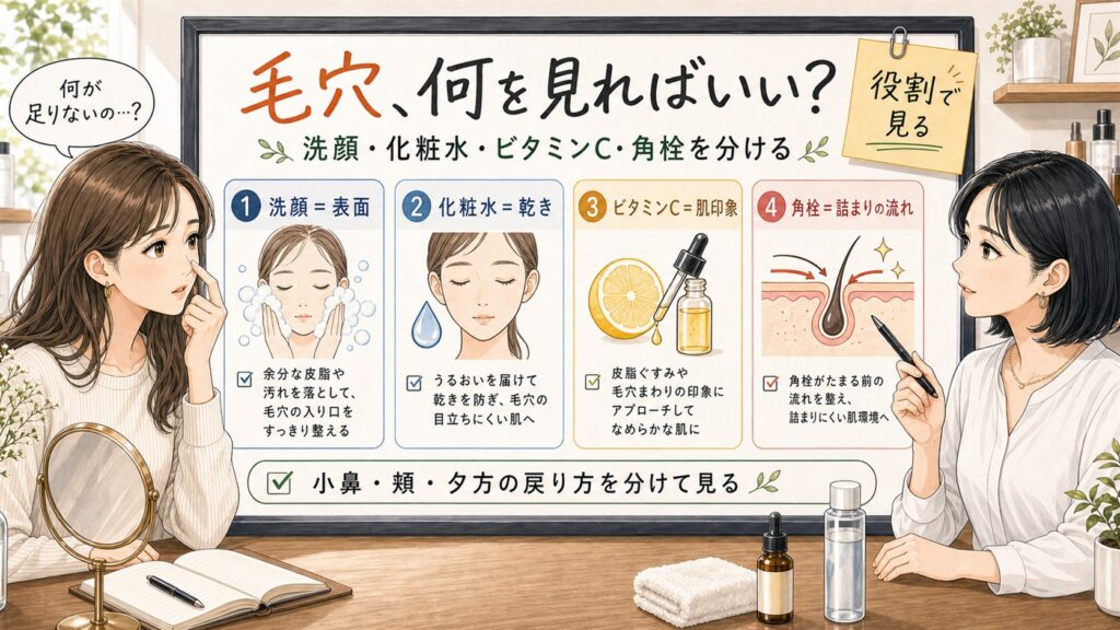 洗顔 化粧水 ビタミンCと毛穴角栓の原因を整理する美容相談イラスト