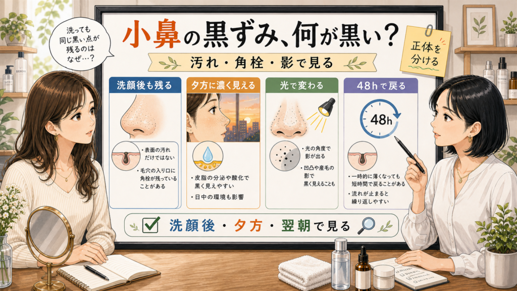 小鼻の黒ずみの正体を汚れ・角栓・影で整理する美容相談イラスト
