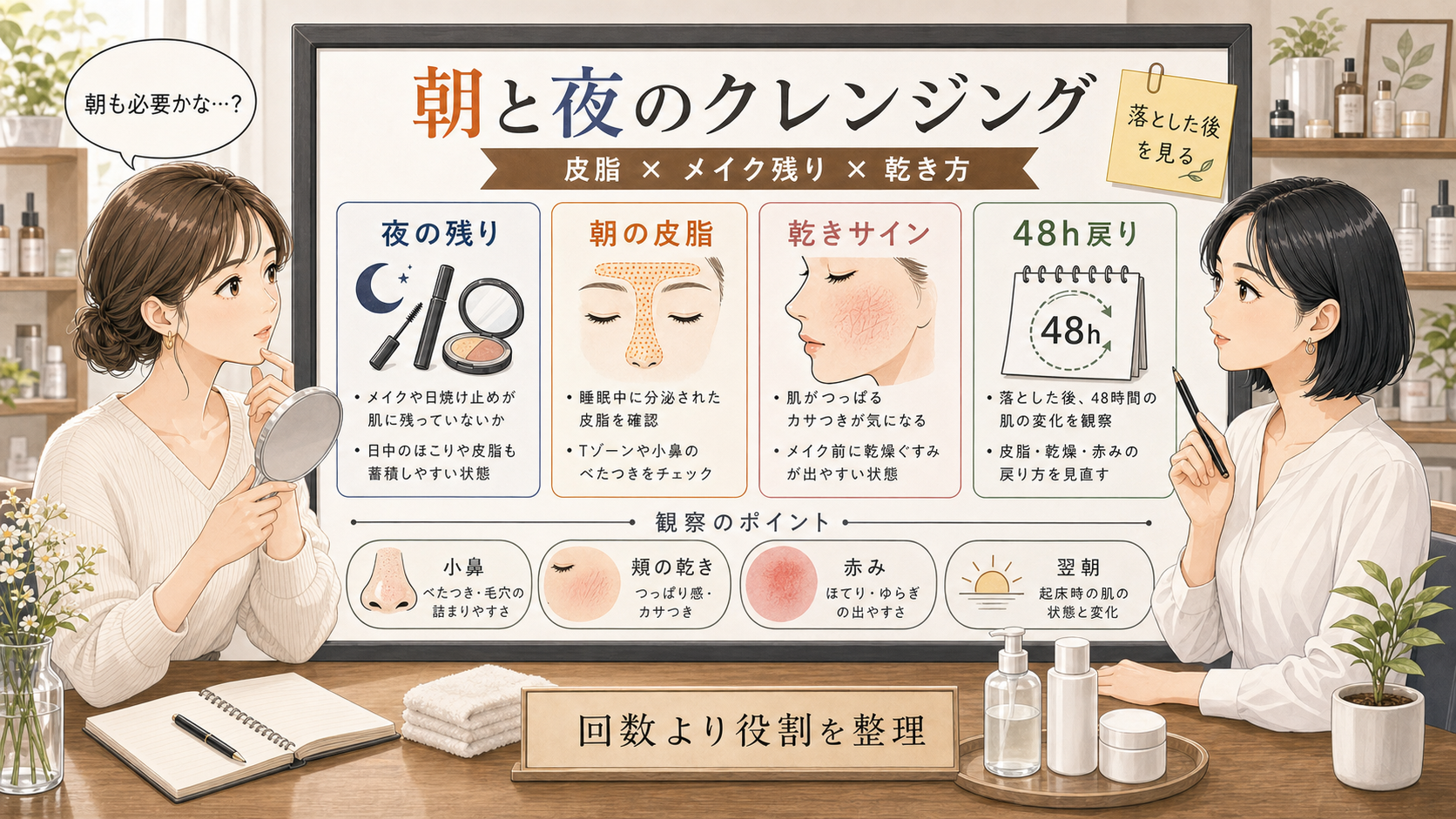 朝と夜のクレンジングの役割を中立的に整理した美容相談ボード