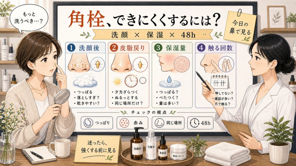 角栓をできにくくする洗顔と保湿の見方を相談ボードで整理する女性と専門家