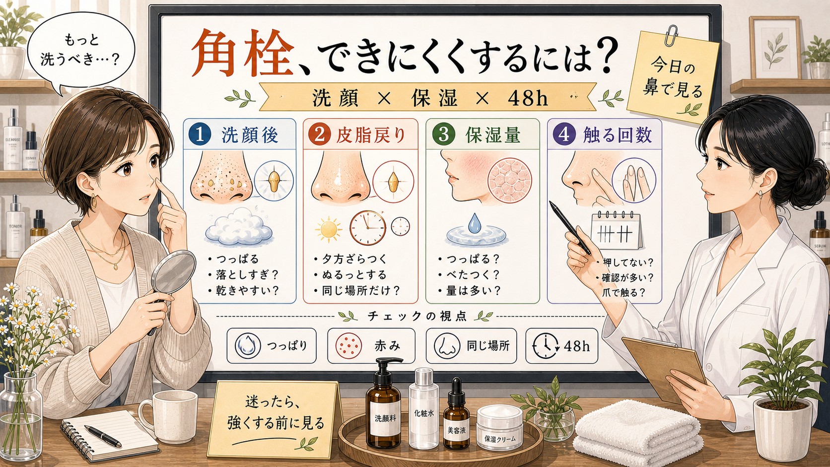 角栓をできにくくする洗顔と保湿の見方を相談ボードで整理する女性と専門家