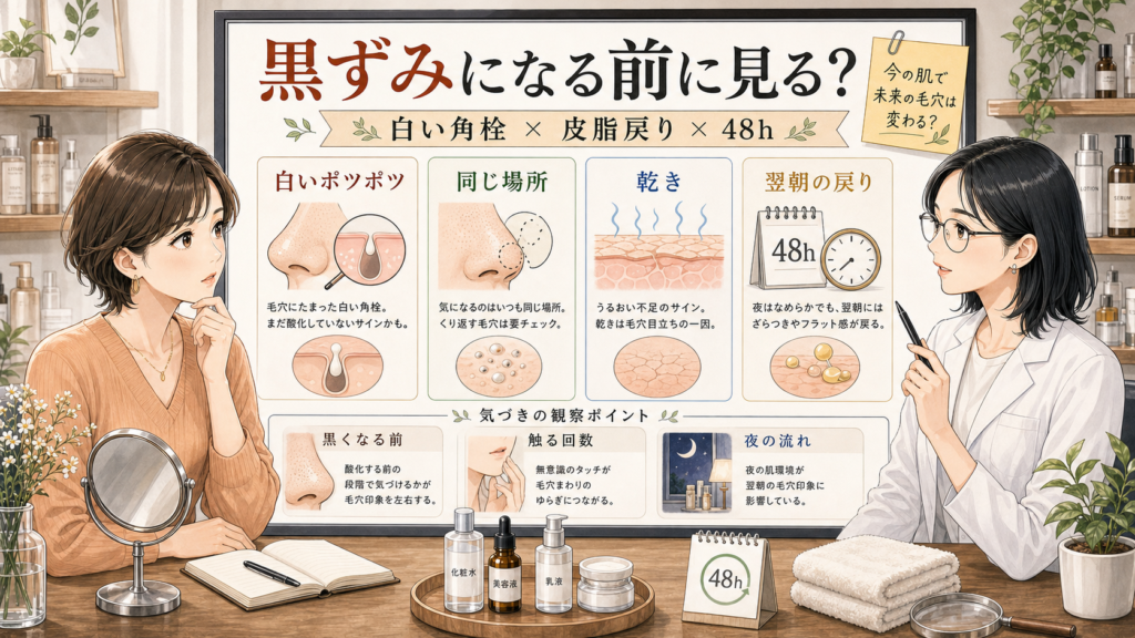 毛穴の黒ずみを白い角栓・皮脂戻り・48時間で予防する視点を整理したアイキャッチ