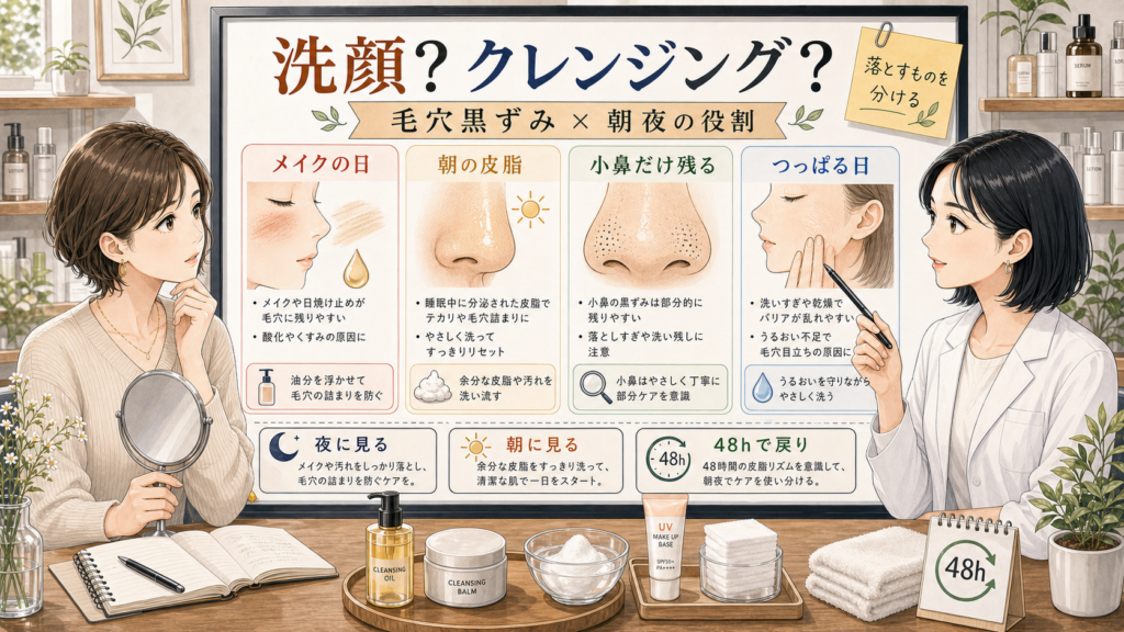 毛穴の黒ずみを洗顔とクレンジングの朝夜の役割で整理したアイキャッチ