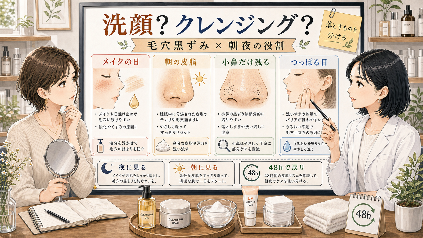 毛穴の黒ずみを洗顔とクレンジングの朝夜の役割で整理したアイキャッチ