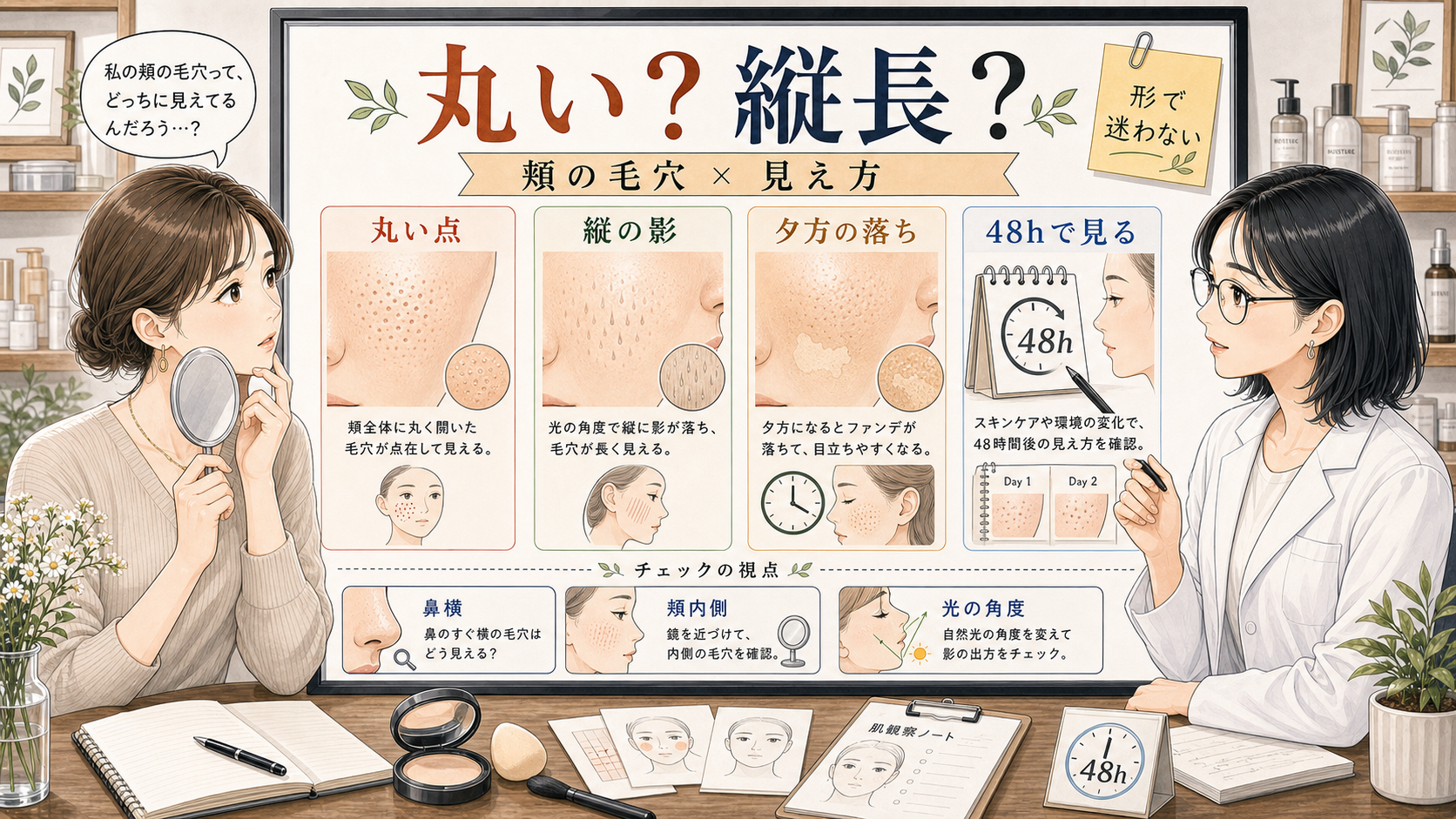 頬の毛穴が丸い点か縦長の影かを整理したアイキャッチ
