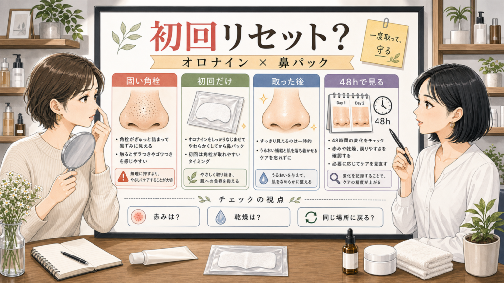 オロナインと鼻パックで角栓を初回リセットし48時間の戻り方を見る説明図