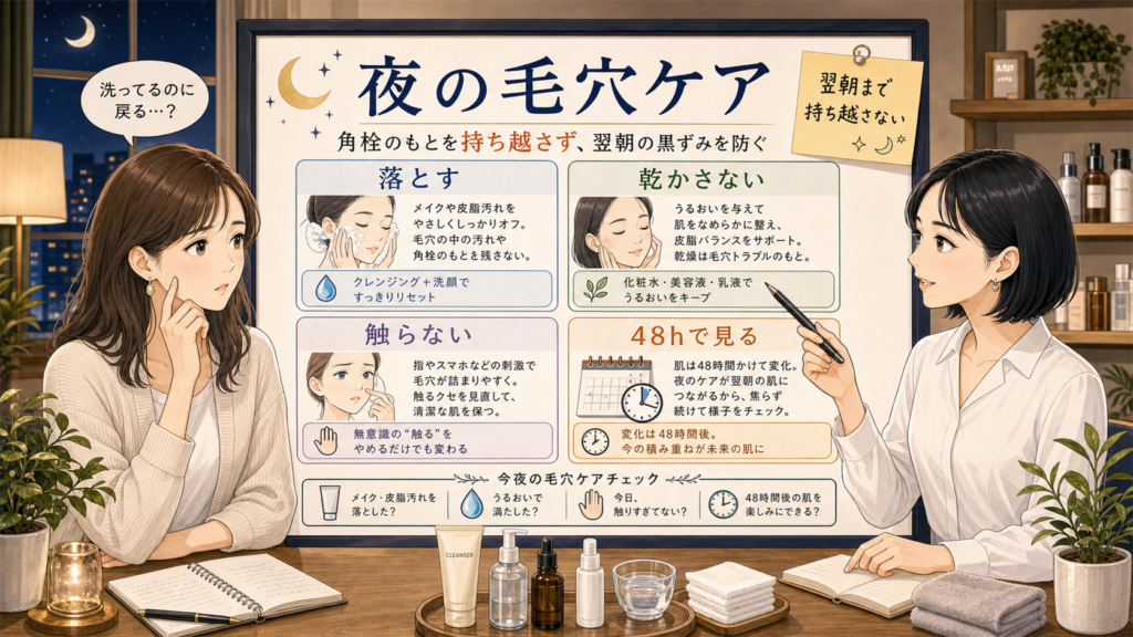 夜の毛穴ケアで黒ずみを翌朝に持ち越さないための洗顔・保湿・48時間チェックを整理した美容相談ボード