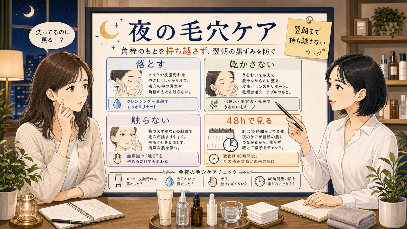 夜の毛穴ケアで黒ずみを翌朝に持ち越さないための洗顔・保湿・48時間チェックを整理した美容相談ボード