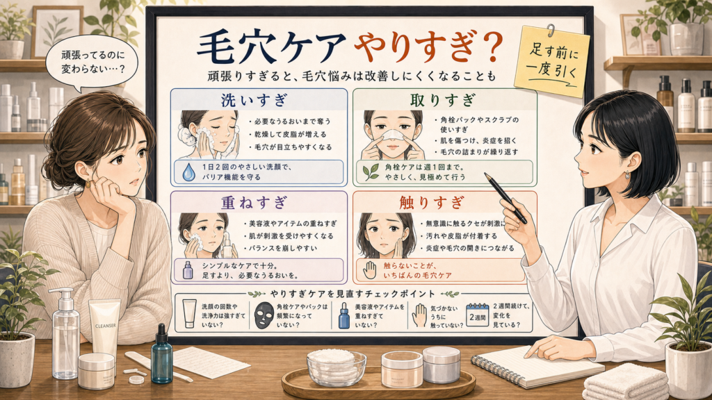 毛穴ケアのやりすぎで変わらない時に洗いすぎ・取りすぎ・重ねすぎ・触りすぎを整理する美容相談ボード