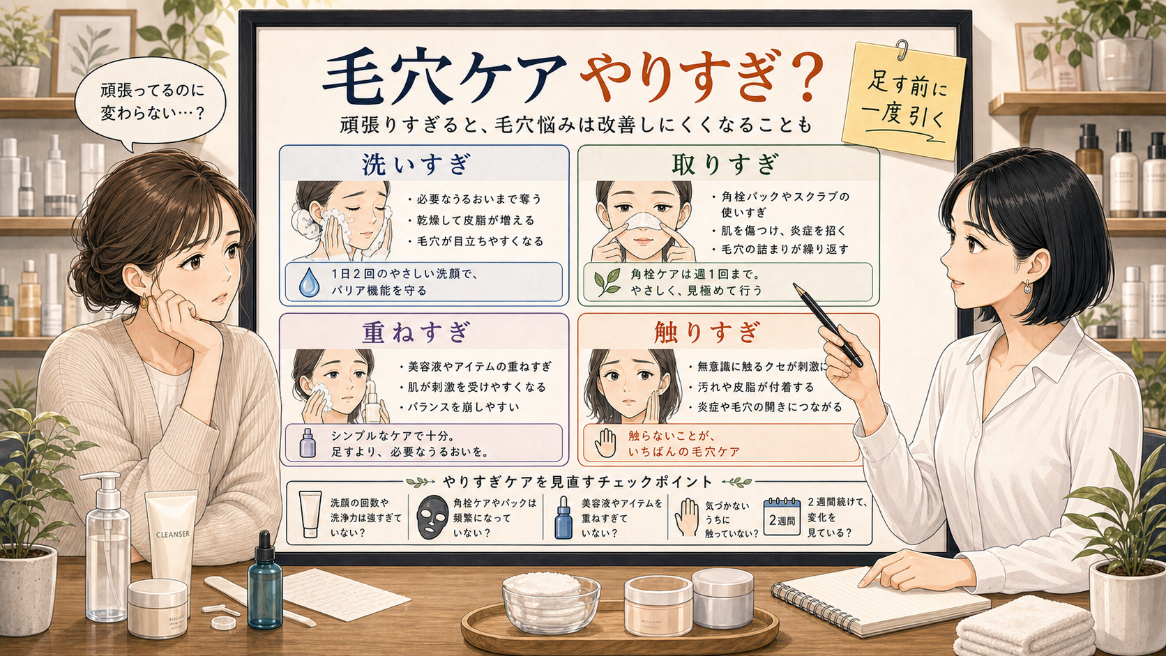 毛穴ケアのやりすぎで変わらない時に洗いすぎ・取りすぎ・重ねすぎ・触りすぎを整理する美容相談ボード