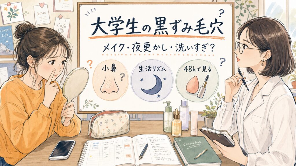 大学生の黒ずみ毛穴をメイク、夜更かし、洗いすぎの観察軸で整理する手描きイラストのアイキャッチ