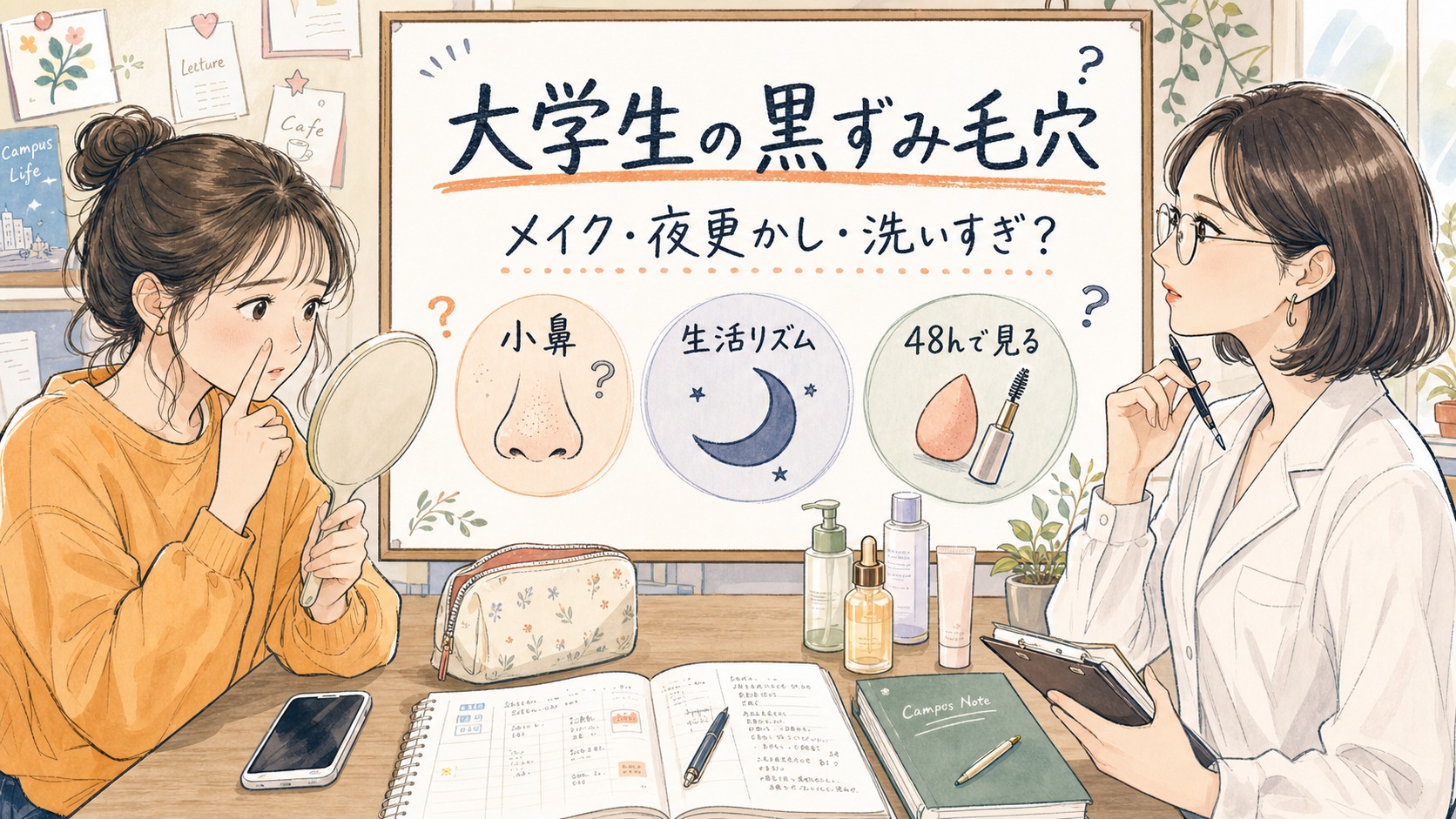大学生の黒ずみ毛穴をメイク、夜更かし、洗いすぎの観察軸で整理する手描きイラストのアイキャッチ