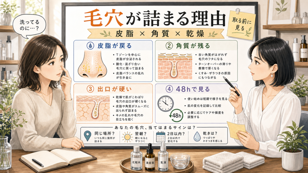 毛穴が詰まる理由を皮脂・角質・乾燥で整理する美容相談ボード