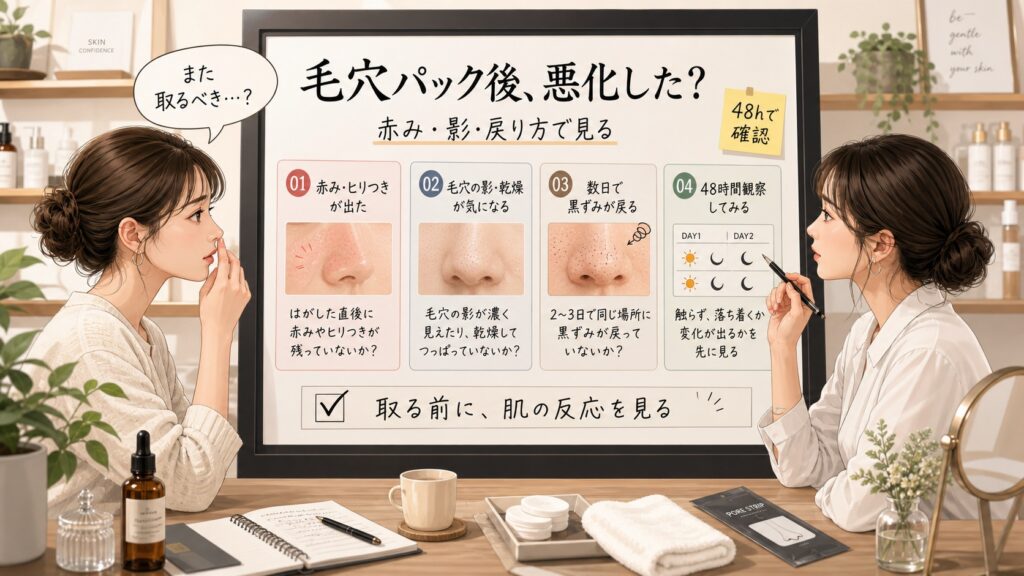 毛穴パック後の赤み・影・黒ずみの戻り方を48時間で確認する美容相談ボード