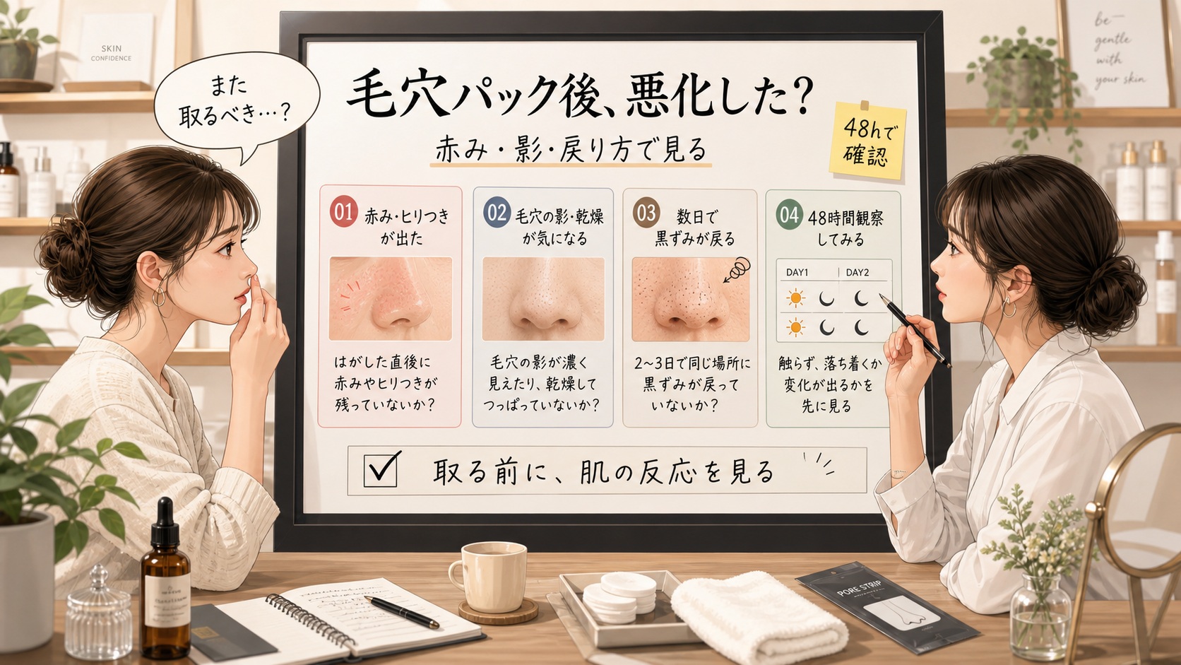 毛穴パック後の赤み・影・黒ずみの戻り方を48時間で確認する美容相談ボード