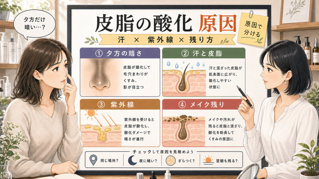 皮脂の酸化原因を汗と紫外線と残り方で整理する美容相談ボード
