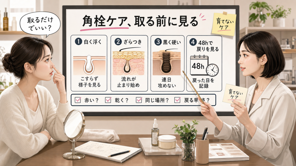 毛穴ケアと角栓の戻り方を女性アドバイザーが診断ボードで説明するイラスト