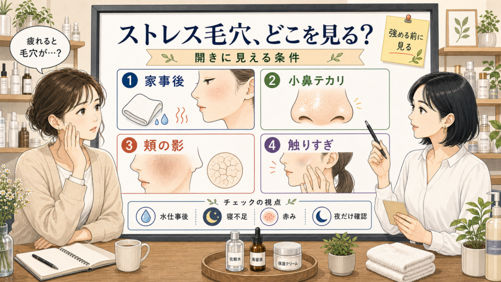ストレスで毛穴の開きが目立つ条件を1433基準の診断ボードで説明する女性向け美容イラスト