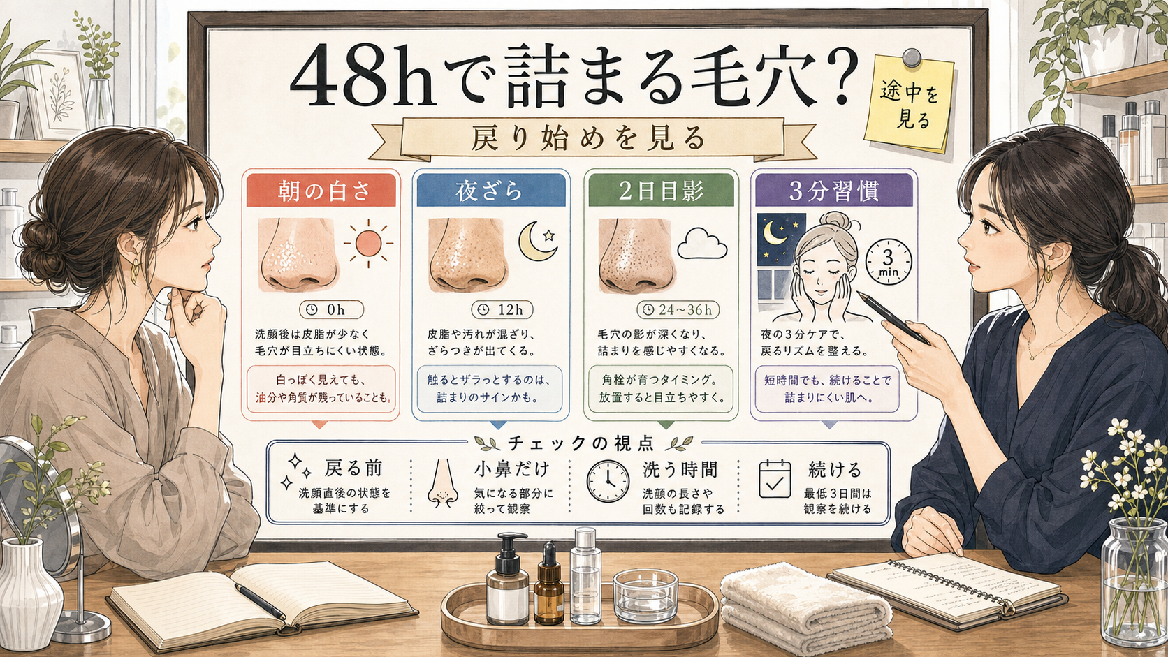 毛穴が48時間で詰まる戻り方を1433基準の診断ボードイラストで説明する女性向け美容アイキャッチ