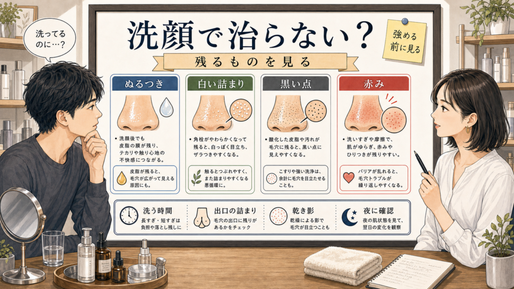 いちご鼻が洗顔で治らない理由を1433基準の診断ボードイラストで説明する男性向け美容アイキャッチ