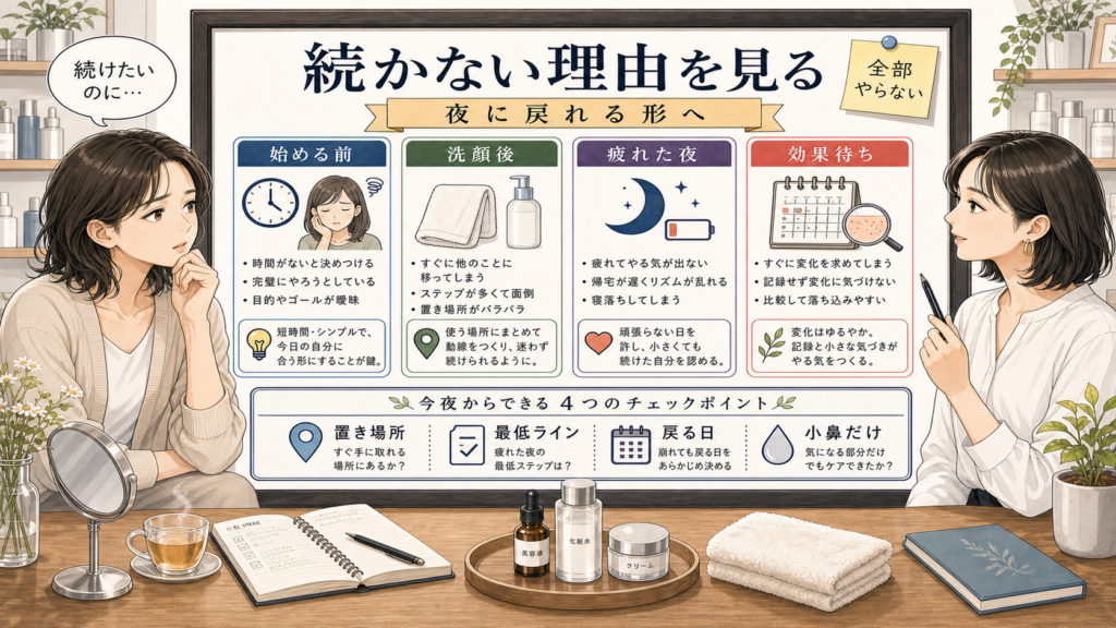 スキンケアが続かない理由を夜に戻れる習慣として整理する1433基準の美容診断ボードイラスト