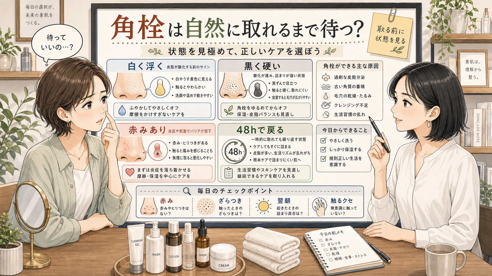 角栓は自然に取れるまで待つかを48時間で見分ける判断マップ