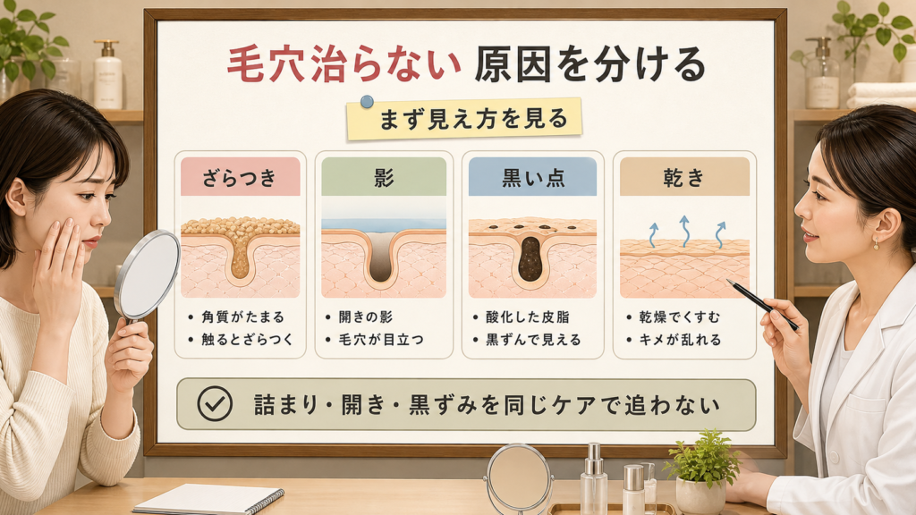毛穴治らない原因を詰まり・開き・黒ずみで分けるChocobra相談ボード