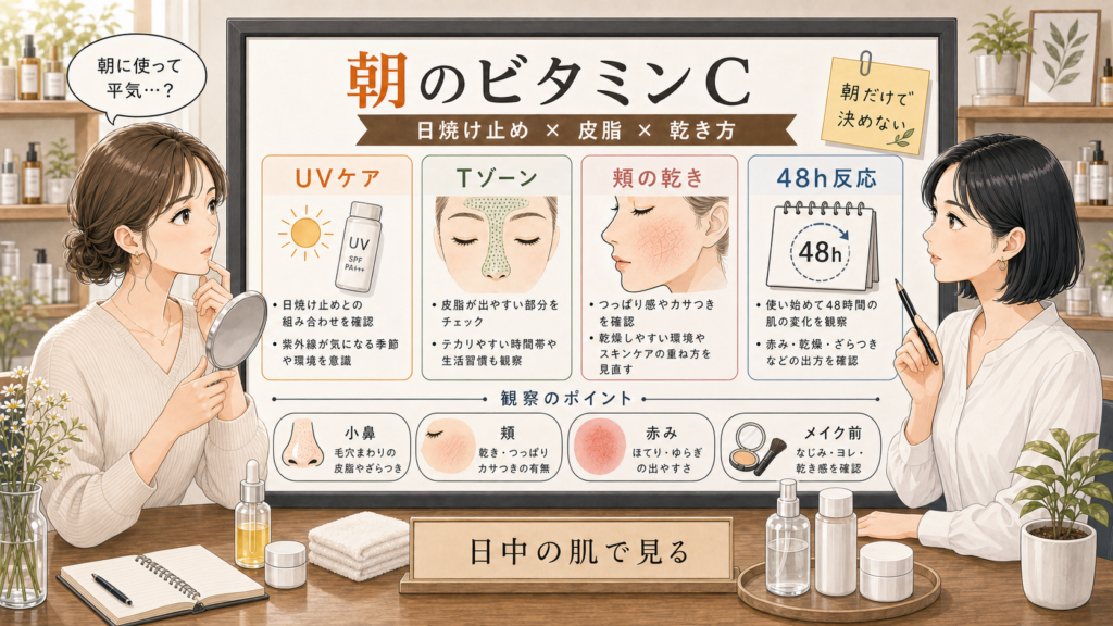 朝のビタミンCを日焼け止めや皮脂と乾き方で整理した美容相談ボード