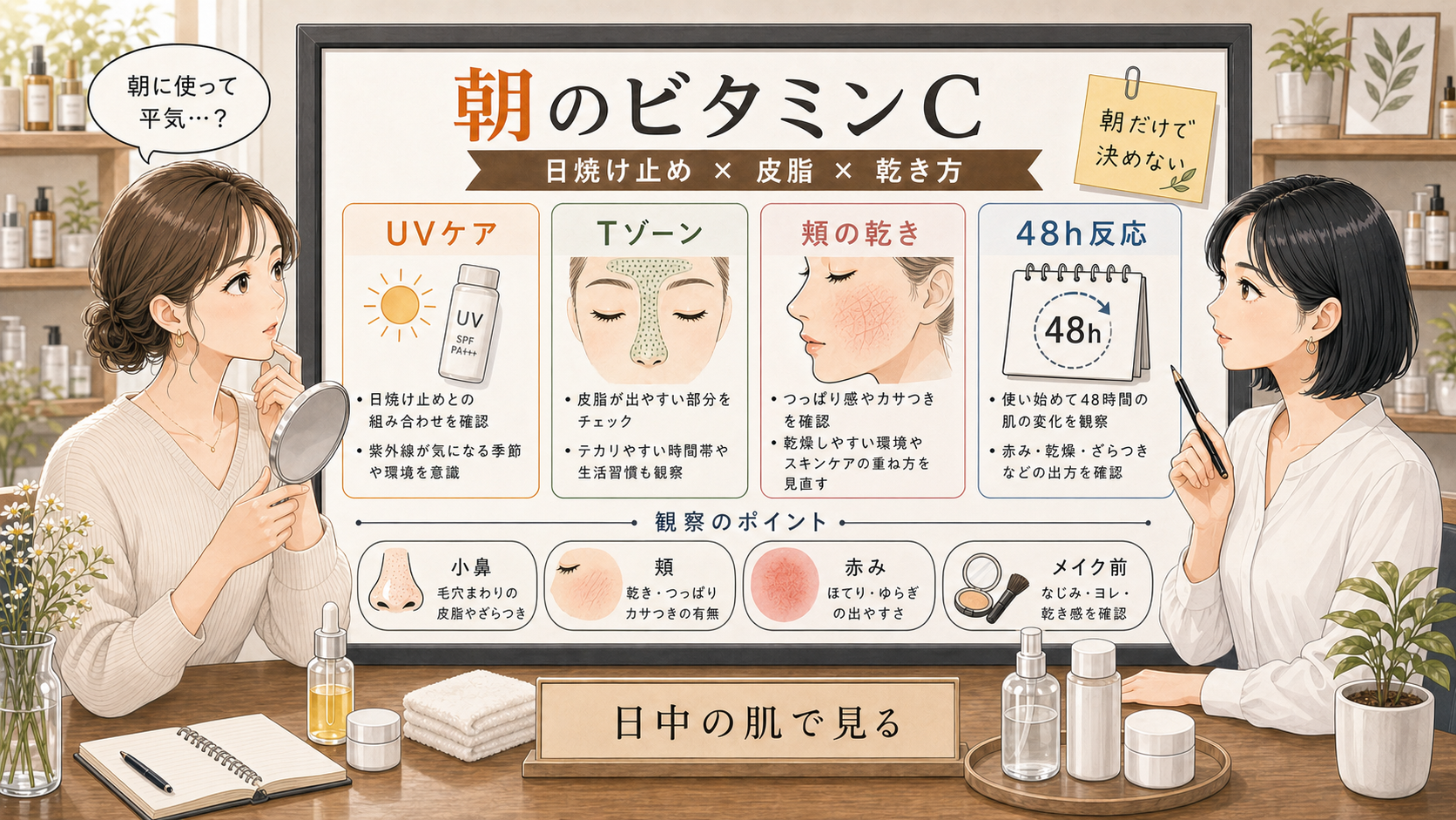 朝のビタミンCを日焼け止めや皮脂と乾き方で整理した美容相談ボード