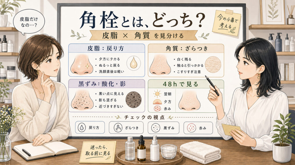 角栓とは皮脂と角質の違いを左右人物と中央分析ボードで整理する1433型アイキャッチ
