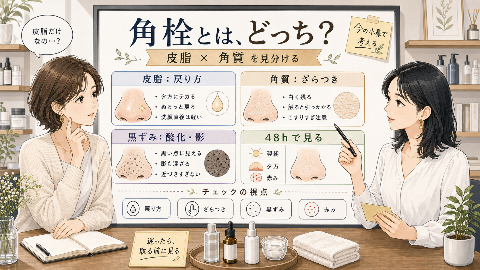 角栓とは皮脂と角質の違いを左右人物と中央分析ボードで整理する1433型アイキャッチ