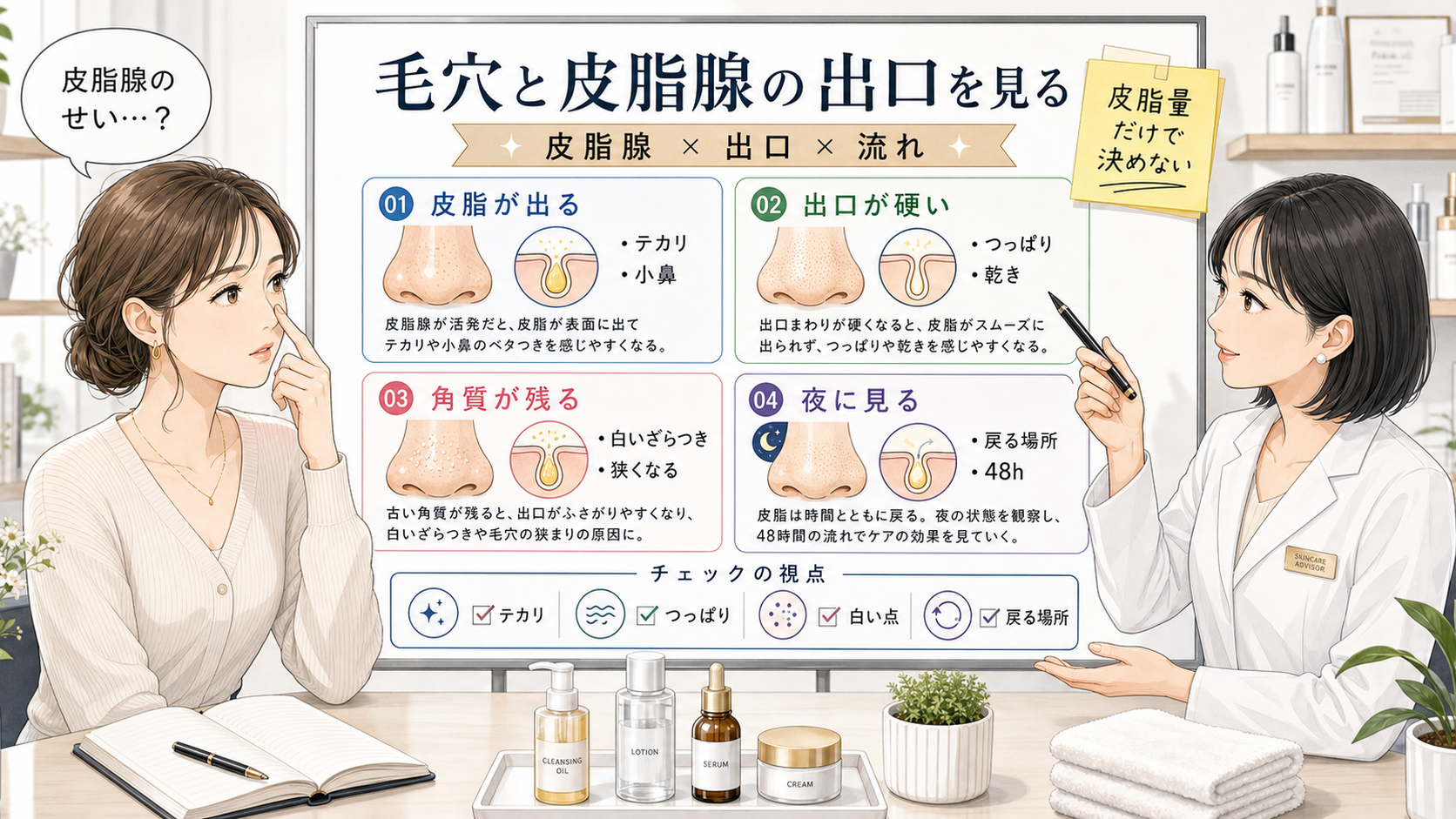 毛穴と皮脂腺の出口を夜のテカリやざらつきで見直す判断ボード