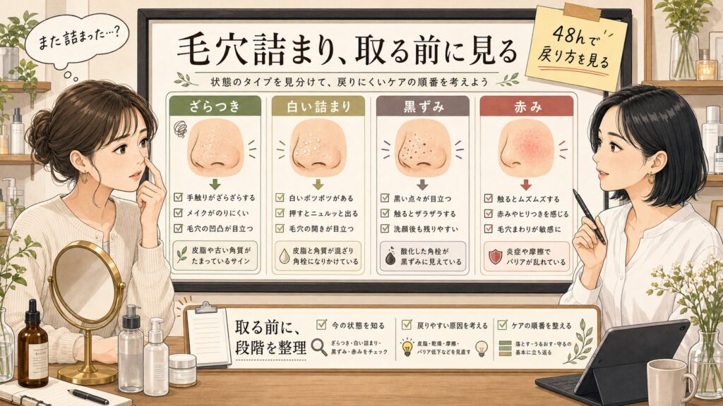 毛穴詰まりをざらつき、白い詰まり、黒ずみ、赤みで見分ける非実写イラスト図解