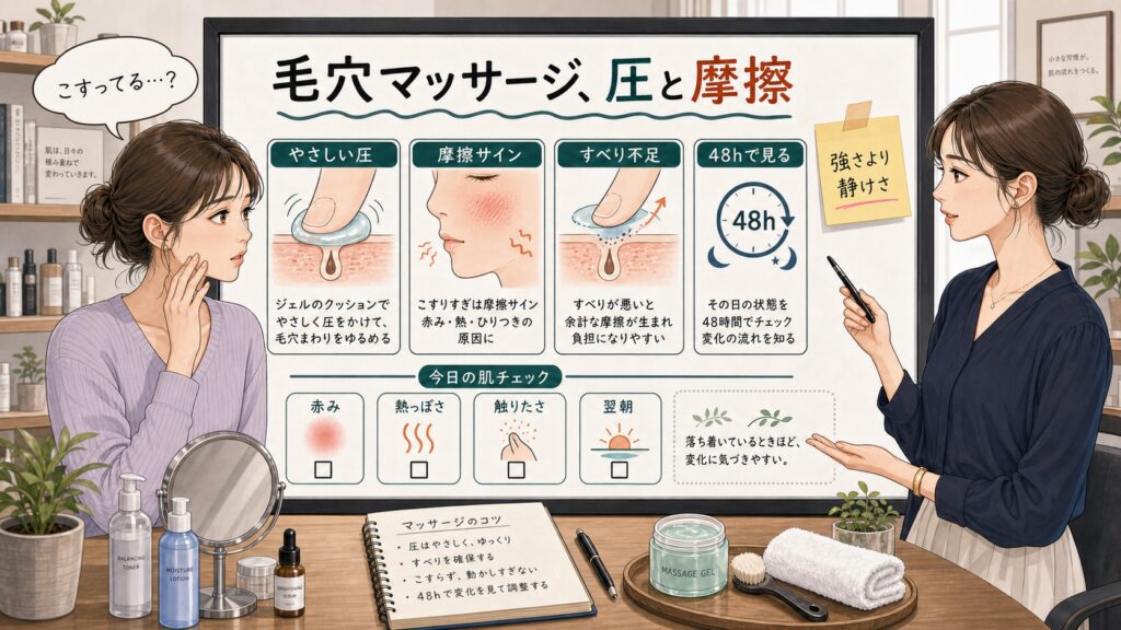 毛穴マッサージの圧と摩擦を文字被りなく整理する美容相談ボード