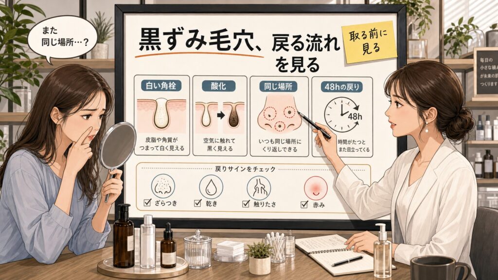 黒ずみ毛穴をなくす方法を白い角栓と酸化と48時間の戻りで整理する美容相談ボード