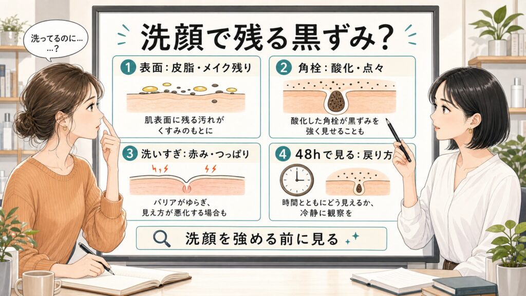 黒ずみ毛穴に洗顔が効かない理由を表面、角栓、洗いすぎ、48時間観察で整理する1433型の分析ボード